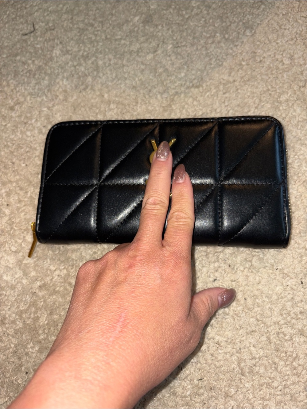 Black Quilted Zip Wallet - Gold Hardware